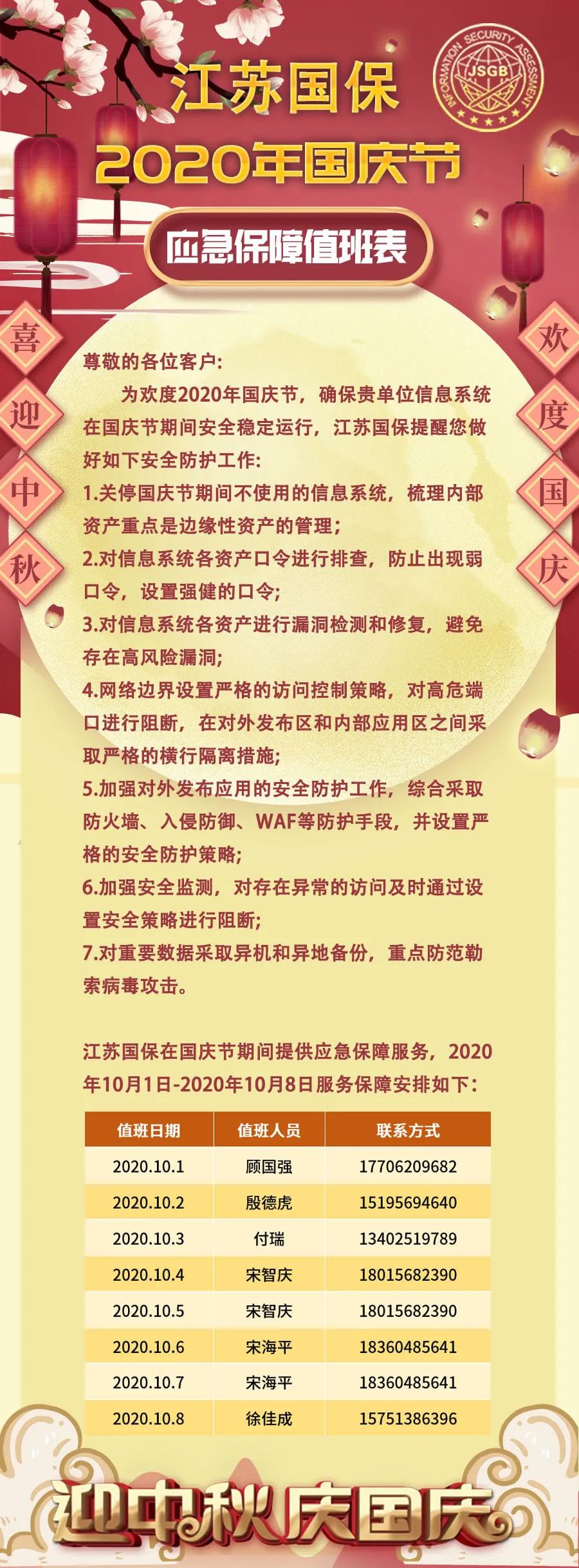 江苏国保提供2020年国庆假期应急保障服务